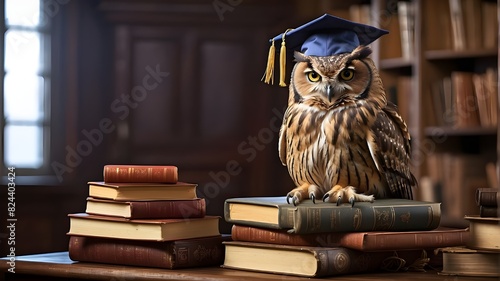 In a library, a wise owl wearing an academic cap sits atop volumes. photo