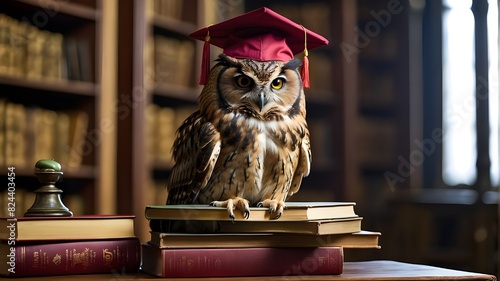 In a library, a wise owl wearing an academic cap sits atop volumes. photo