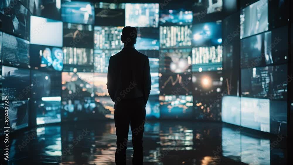 A man stands in front of a large screen filled with displays and text his body language indicating a seamless connection between himself and the digital world.. A man stands in front of a large screen filled with displays and text his body language indicating a seamless connection between himself and the digital world..