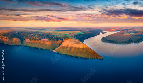 Stunning morning view from flying drone of Bakotska Bay. Amazing summer sunset on Dnister river, Ukraine, Europe. Beauty of nature concept background. photo