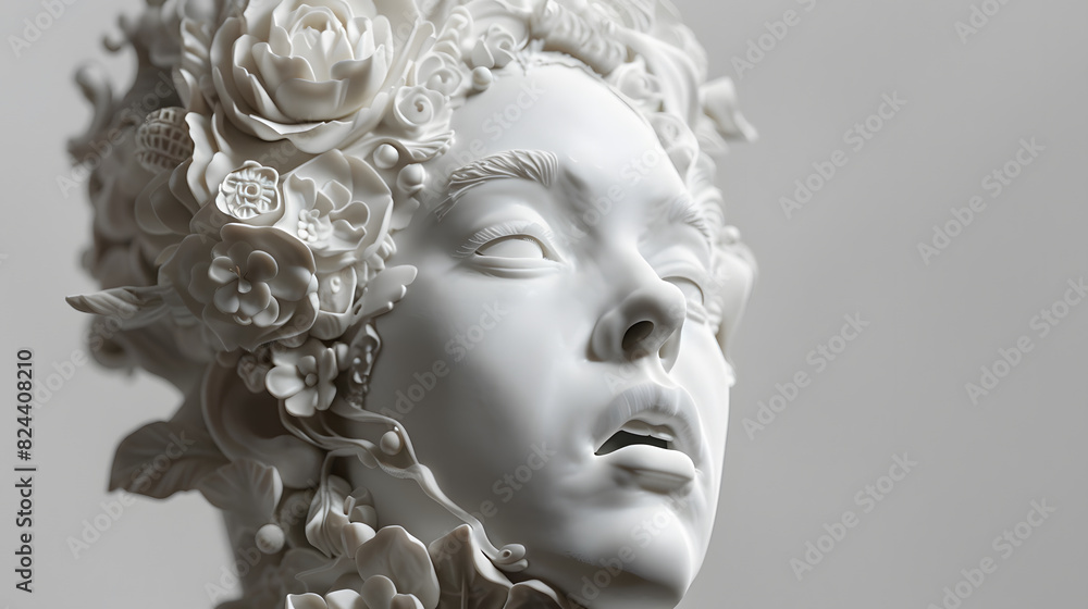 A white statue of a woman with flowers on her head A white statue of a woman with flowers on her head
