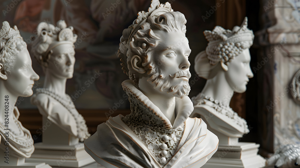 Fototapeta premium A collection of statues of men and women, all wearing crowns and robes