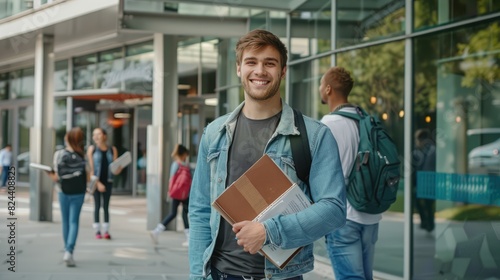 In front of a university building, a good-looking male student stands with a confident smile, holding his books and notes. He is dressed in casual attire, including jeans and a shirt, and is © Ratchpon