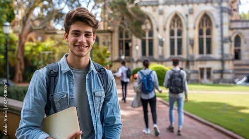 In front of a university building, a good-looking male student stands with a confident smile, holding his books and notes. He is dressed in casual attire, including jeans and a shirt, and is © Ratchpon