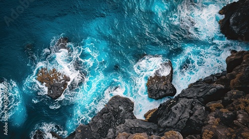 A stunning aerial view of a rocky coastline with vibrant blue waters and ocean waves crashing against the shore.