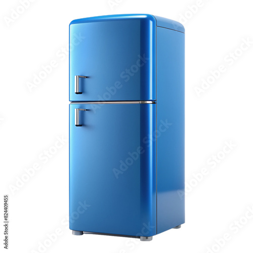 A blue refrigerator with a water dispenser on transparent background