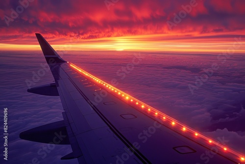 A close-up view of an airplanes wingtip, adorned with navigation lights, against the backdrop of a vibrant sunset. The wingtips sleek design and the glow of the lights are sharply in focus, while the photo