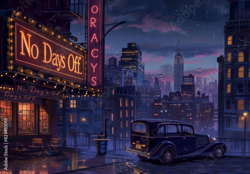 Depict a nighttime city skyline with jazz clubs, dim streets, and musicians in the background. Convey the urban, after-hours mood with a stylish marquee saying 