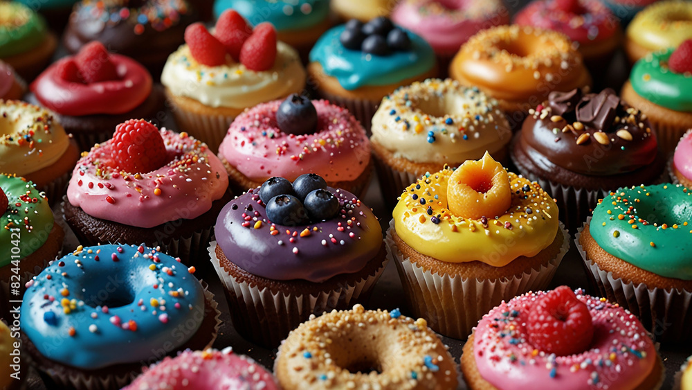 Cupcakes and Doughnuts Journey into a vibrant world where rows of colorful cupcakes, muffin cakes, and doughnuts are topped with luscious chocolate icing, rich frosting Cupcakes and Doughnuts Journey into a vibrant world where rows of colorful cupcakes, muffin cakes, and doughnuts are topped with luscious chocolate icing, rich frosting
