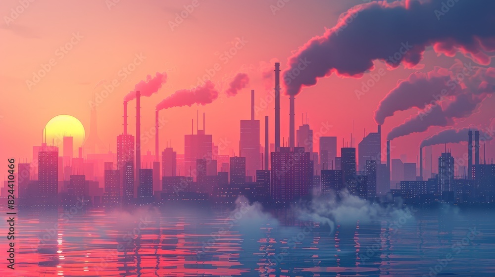 Climate Change: A 3D vector illustration of a city skyline with smokestacks emitting pollution