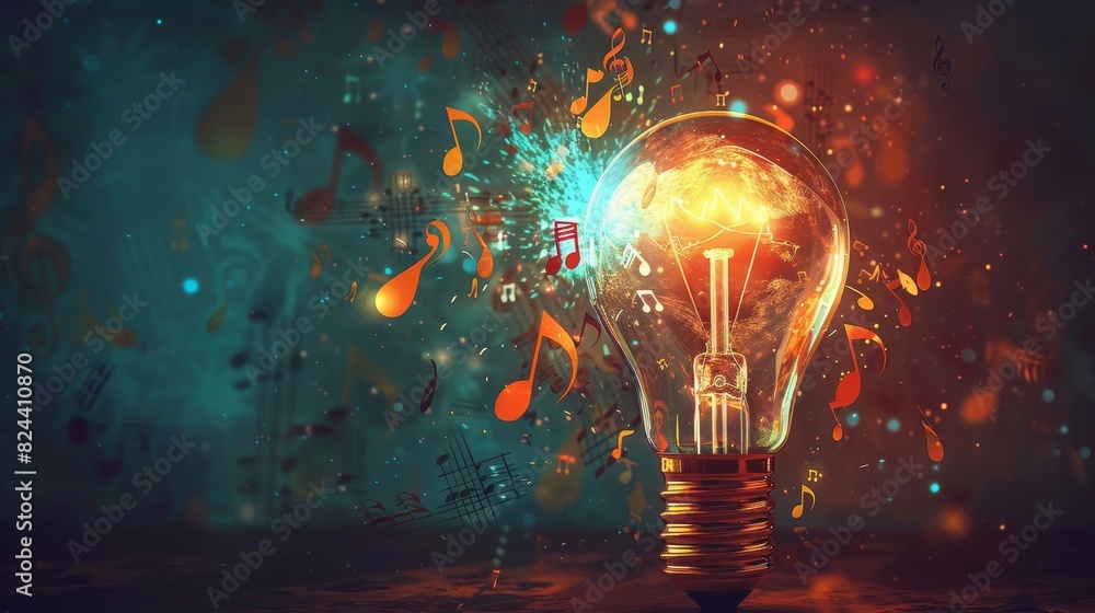 © MAY - Creativity and Design: A 3D vector illustration of a lightbulb with musical notes and instruments inside