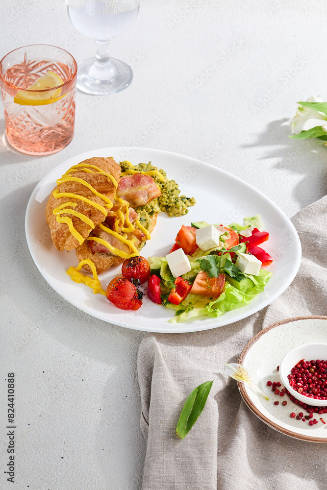 Gourmet Combo Breakfast with Bacon Croissant and Fresh Vegetable Salad