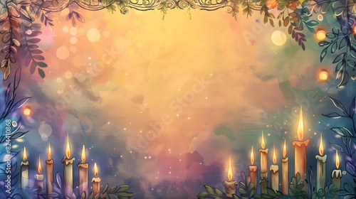 Festive Hanukkah Watercolor Landscape with Ornate Doodle Border and Glowing Candles photo