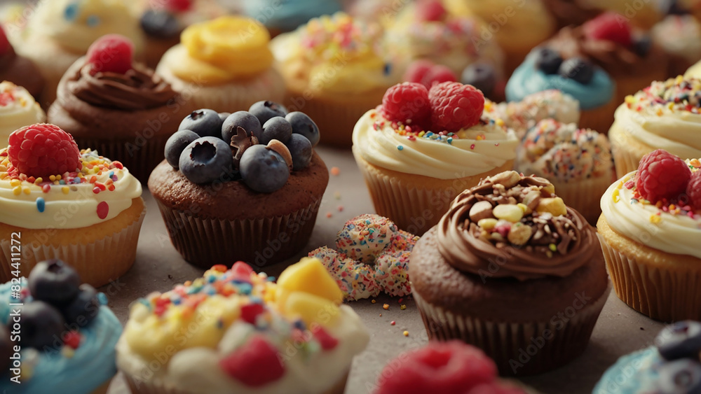 Cupcakes and Doughnuts Journey into a vibrant world where rows of colorful cupcakes, muffin cakes, and doughnuts are topped with luscious chocolate icing, rich frosting Cupcakes and Doughnuts Journey into a vibrant world where rows of colorful cupcakes, muffin cakes, and doughnuts are topped with luscious chocolate icing, rich frosting