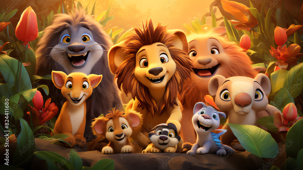 A group of animals in the jungle are gathered together. There is a lion, a lioness, a monkey, a giraffe, an elephant, and a hippo. They are all smiling and look happy. A group of animals in the jungle are gathered together. There is a lion, a lioness, a monkey, a giraffe, an elephant, and a hippo. They are all smiling and look happy.