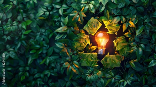 Energy Efficiency: A 3D vector illustration of a glowing lightbulb surrounded by leaves and a recycling symbol photo