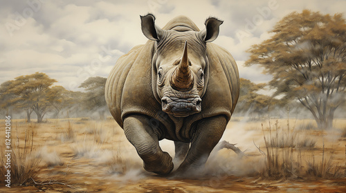 A powerful and majestic rhinoceros charges through the African savanna, its muscles rippling beneath its thick hide