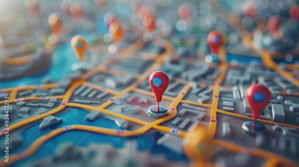 Event Planning: A 3D vector illustration of a map with pins indicating various locations for event planning Event Planning: A 3D vector illustration of a map with pins indicating various locations for event planning