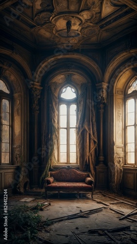 Light streams through tall arched windows, illuminating an abandoned grand room with a vintage sofa and detailed architecture