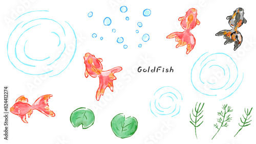 Goldfish and water ripples, brush writing, Japanese style hand-drawn watercolor illustration set / 金魚と水の波紋、筆書き、和風の手描き水彩イラストセット