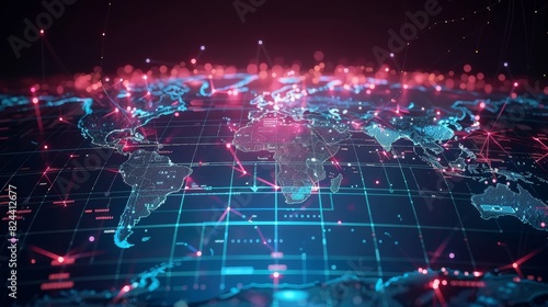 Global Communication: A 3D vector illustration of a world map with digital connections photo