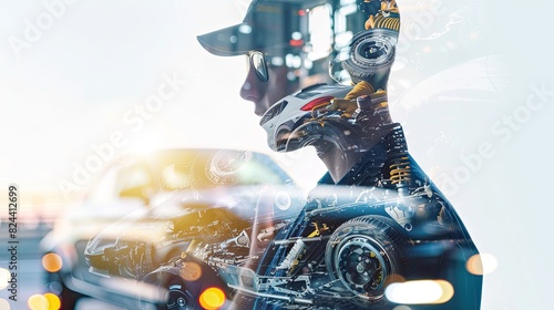 double exposure of car engineer and automotive part