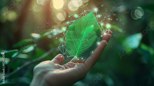 Hand holding a green leaf with digital network connections, concept of ESG, Save the earth, eco friendly and environmental conservation.