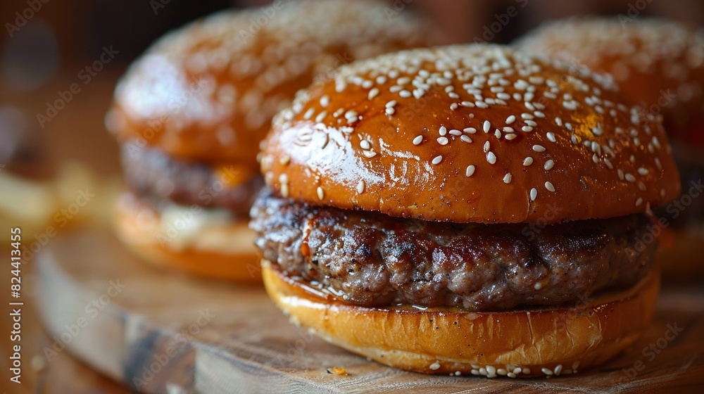 A closeup of a delicious beef patty on a sesame seed bun. A closeup of a delicious beef patty on a sesame seed bun.