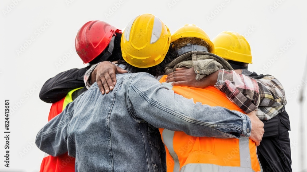 Construction workers wearing hard hats and safety vests embracing each other at a construction site. AIG535