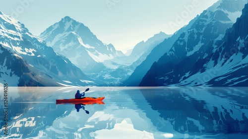 Travel and Exploration: A 3D vector illustration of a traveler kayaking in a tranquil lake surrounded by mountains