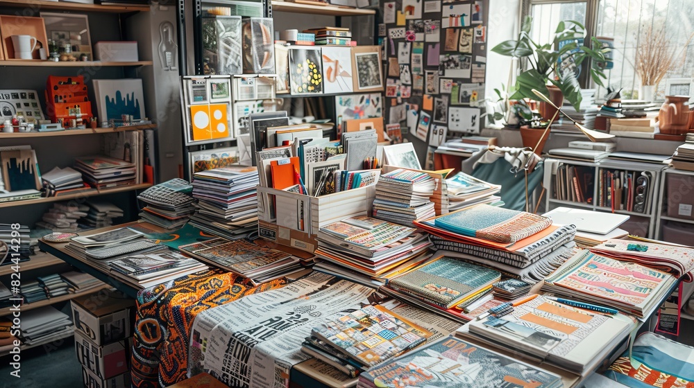 Creative Chaos - High-Angle View of Designer's Workspace with Magazines, Fabric Swatches, and Typography Samples Creative Chaos - High-Angle View of Designer's Workspace with Magazines, Fabric Swatches, and Typography Samples