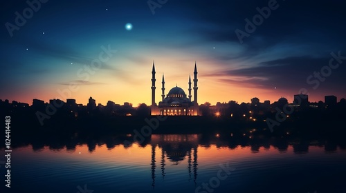 Mosque sunset sky, moon, holy night, islamic night and silhouette mosque, panaromic islamic 