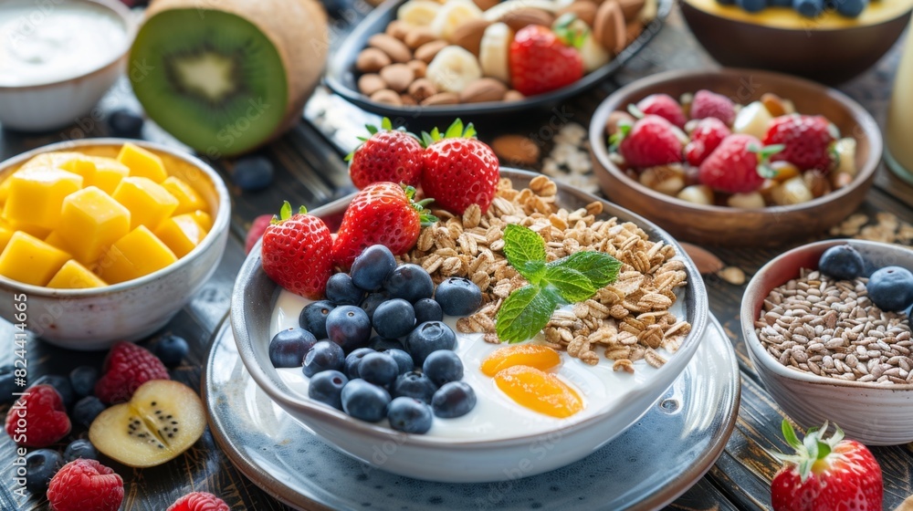 Fresh and Healthy Breakfast Table with Whole Grains, Fruits, and Yogurt Fresh and Healthy Breakfast Table with Whole Grains, Fruits, and Yogurt