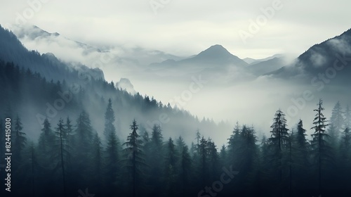 Mountains with trees and fog © Muslim