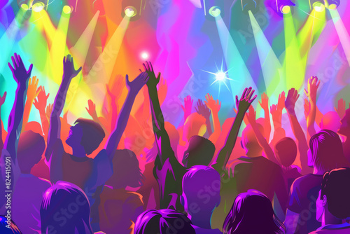 Illustration of crowd cheering and dancing at concert, colorful lights, energetic atmosphere, high resolution, highly detailed, bright colors, joyful mood, night scene...