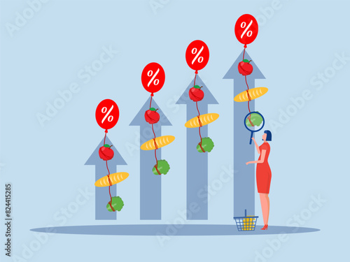 goods Inflation,woman analysis with Rising food price crisis,Prices of commodities and consumer goods rose due to rising inflation concept. vector illustration
