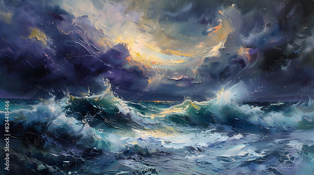 A painting of a stormy ocean with crashing waves