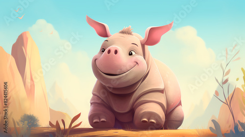 A cute cartoon baby rhinoceros sits on a rock in the middle of a desert. The sun is shining brightly, and the sky is a clear blue. The baby rhino is smiling and looks happy. photo