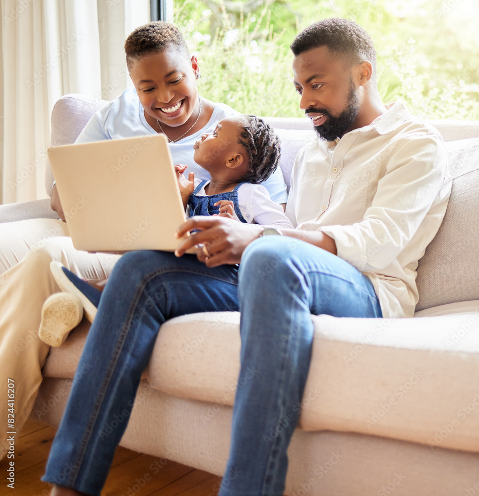 Parents, child and laptop on couch for streaming, entertainment and educational programs in living room. Black family, computer and development on sofa with video, internet and support or bonding Parents, child and laptop on couch for streaming, entertainment and educational programs in living room. Black family, computer and development on sofa with video, internet and support or bonding