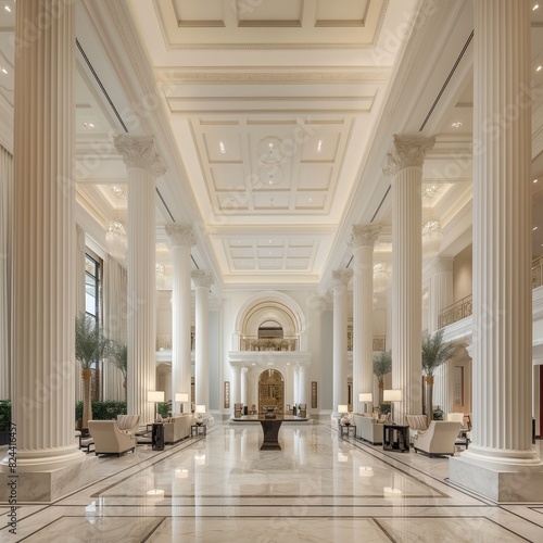 The elegant lobby of a high-end hotel  featuring white marble columns that reach towards a grand  vaulted ceiling  with the stone s natural luster welcoming guests.