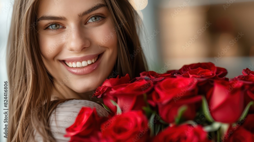 A close-up image capturing a happy woman with long hair, holding a beautiful bouquet of vibrant red roses A close-up image capturing a happy woman with long hair, holding a beautiful bouquet of vibrant red roses