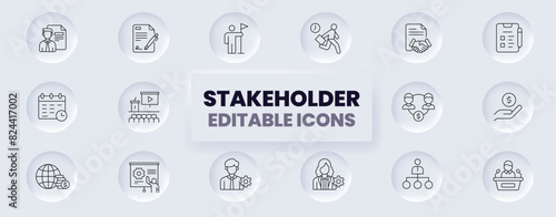 Stakeholder editable stroke icons set. Business, teamwork, invester, suppliers, government, customers, creditors, community, investors and partners. Editable outline icon collection