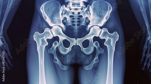 The diagnostic X-ray image captures the internal structure of the human hip joint, highlighting the ball-and-socket articulation that enables a broad spectrum of movement and stability photo
