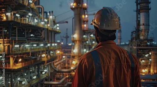 The engineer inspected the oil rig, ensuring the safety of the fuel pipeline connected to the nearby petrochemical plant and oil refinery, all while considering the environmental impact of the