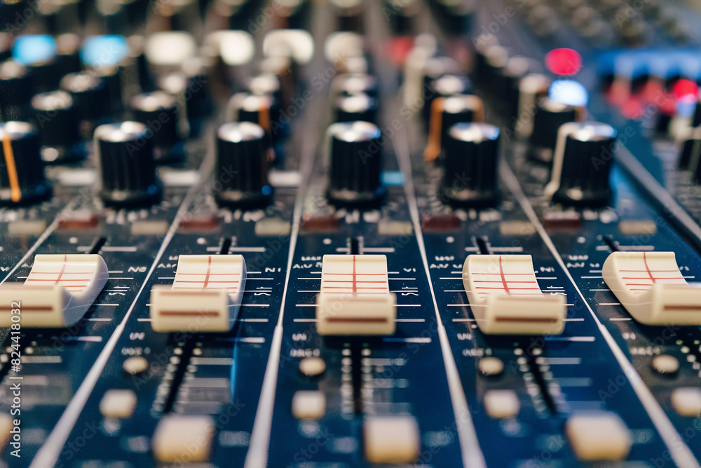 Audio mixing console with rotary controls, sliders, and buttons
Audio mixing console with rotary controls, sliders, and buttons