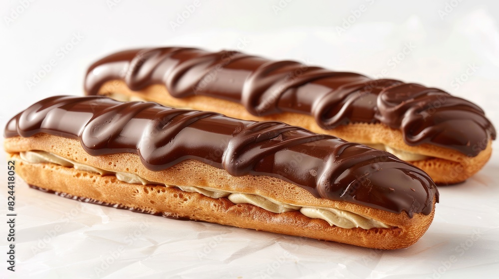 The traditional eclairs are depicted in a realistic close-up with a chocolate glaze, set against a white background, following a Triadic Color Scheme The traditional eclairs are depicted in a realistic close-up with a chocolate glaze, set against a white background, following a Triadic Color Scheme