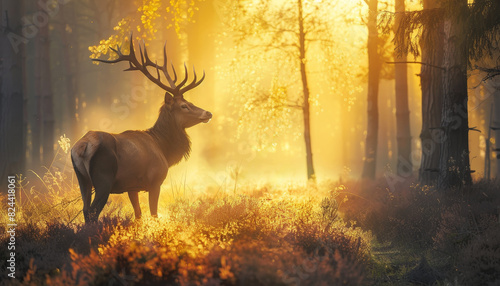 A deer stands in a field of autumn leaves by AI generated image © chartchai