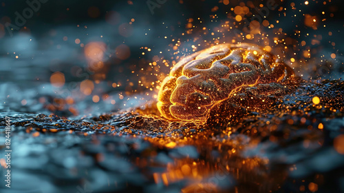 Golden Color Of A Glowing Brain Engine On Blurry Background