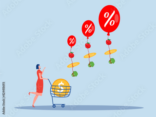 goods Inflation, women stress with Rising food price crisis,Prices of commodities and consumer goods rose due to rising inflation concept. vector illustration