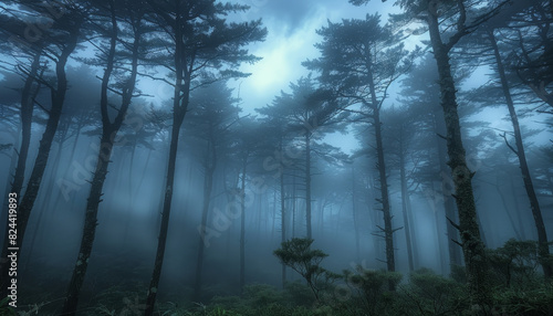 A forest with trees and fog by AI generated image